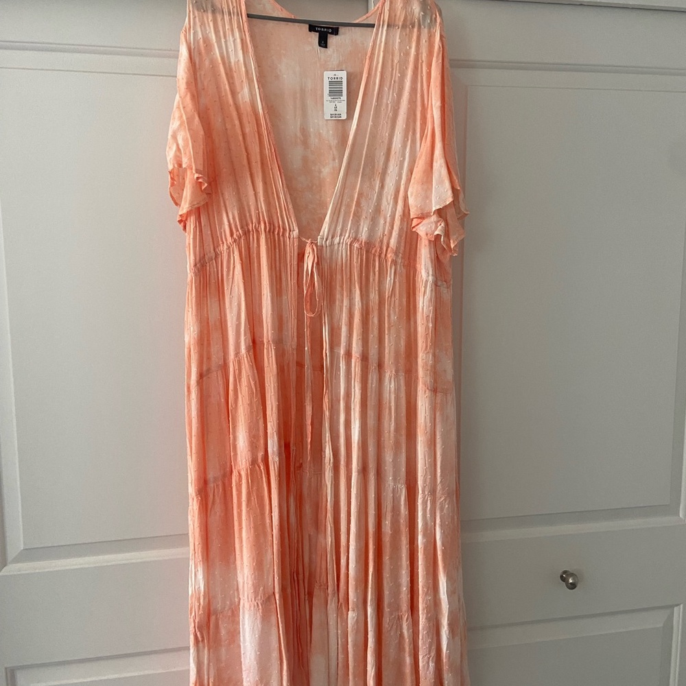 Peach/white Swiss Dot cover up with tie. - Picture 5 of 5